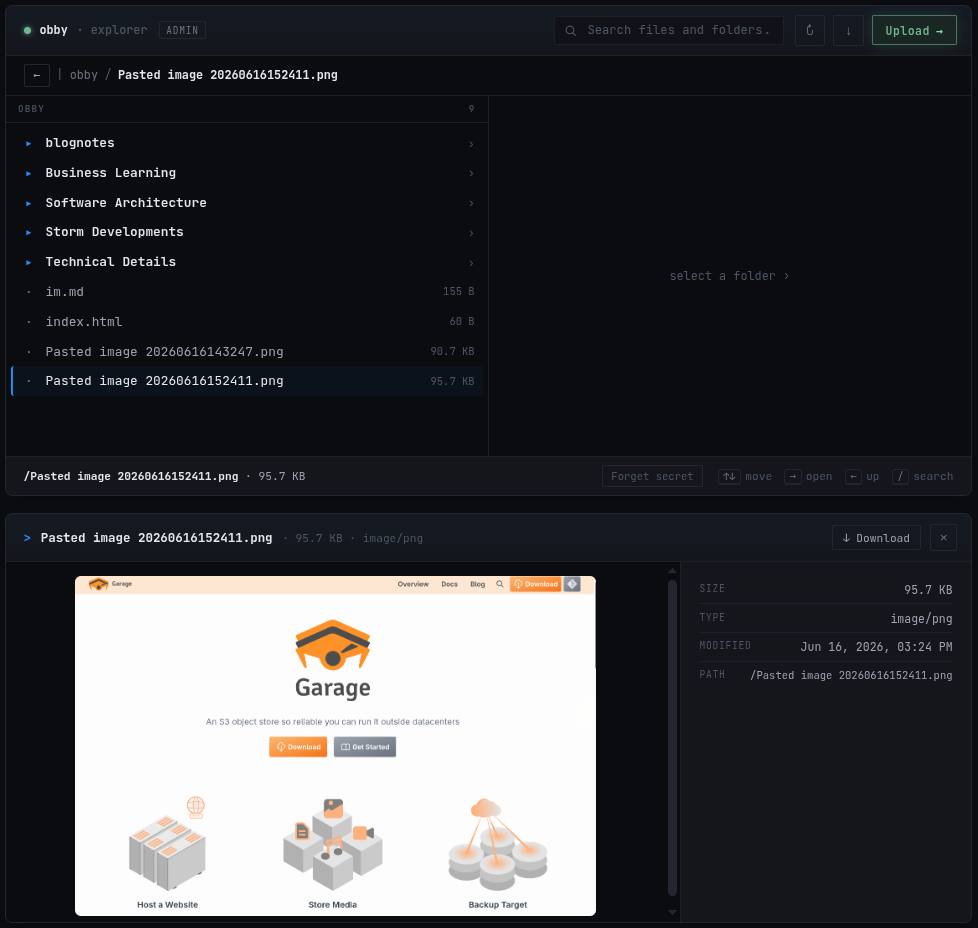 Previewing an image stored in an S3 bucket with its size, type, and path