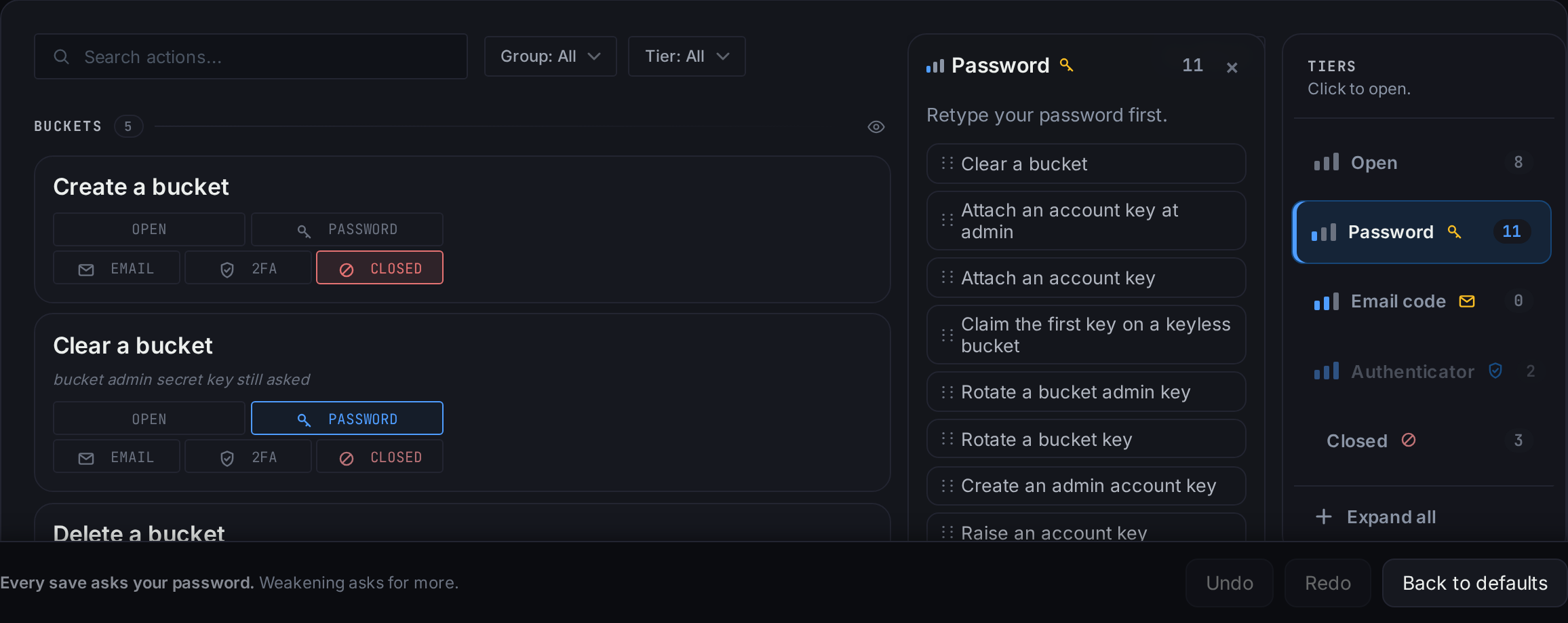 The Password tier card docked beside the board, listing the actions that ask for it