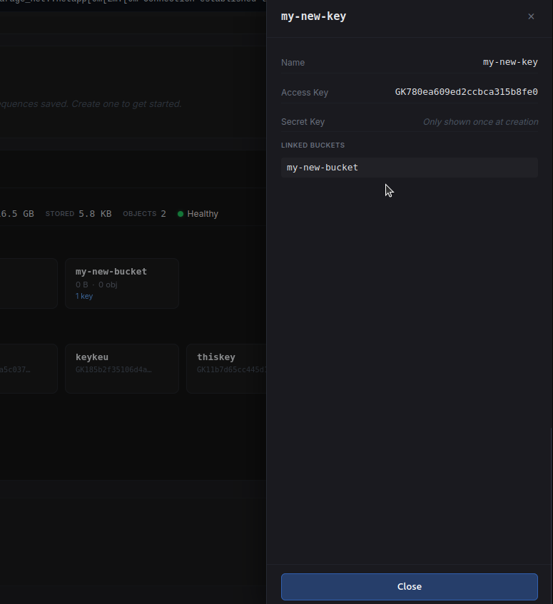 sidebar modal of information regarding the bucket key for your garage instance