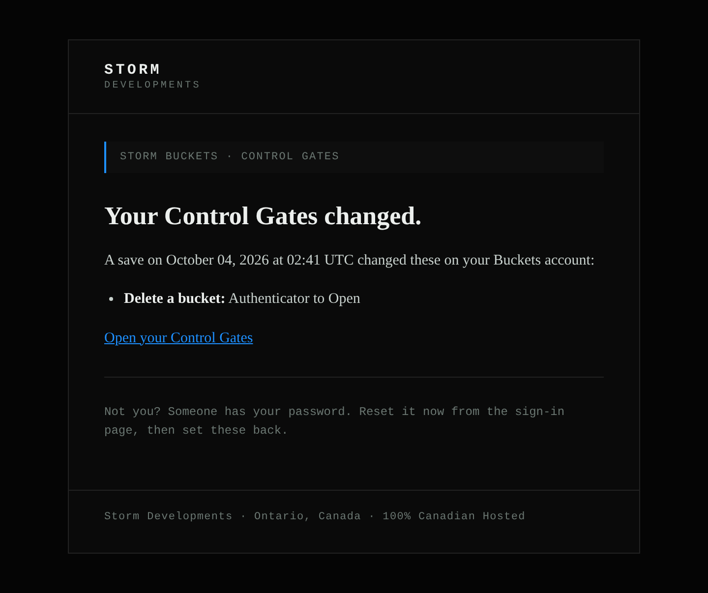 The owner alert. Your Control Gates changed. Delete a bucket, from Authenticator to Open