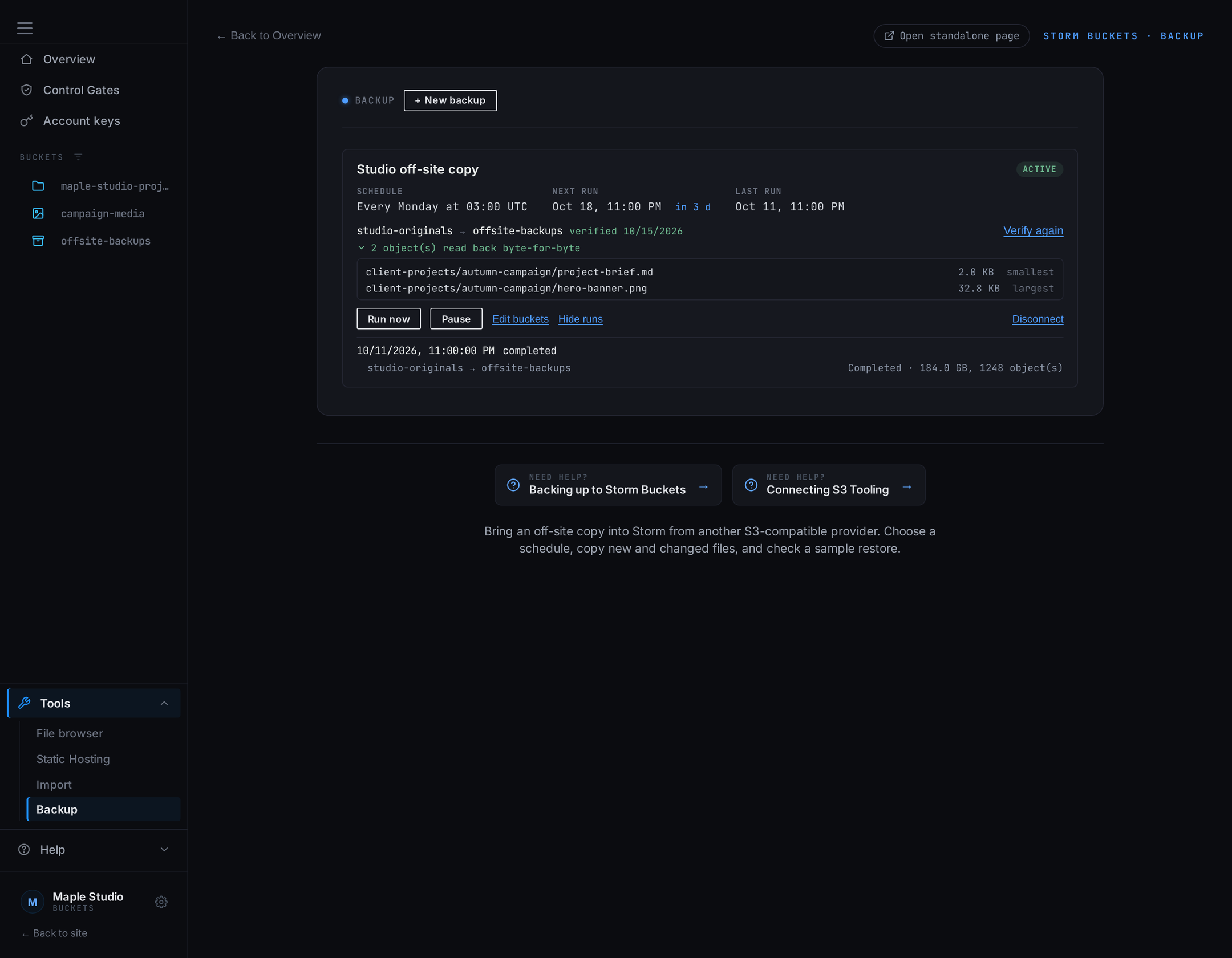 Manage your backup: Storm Buckets with example data