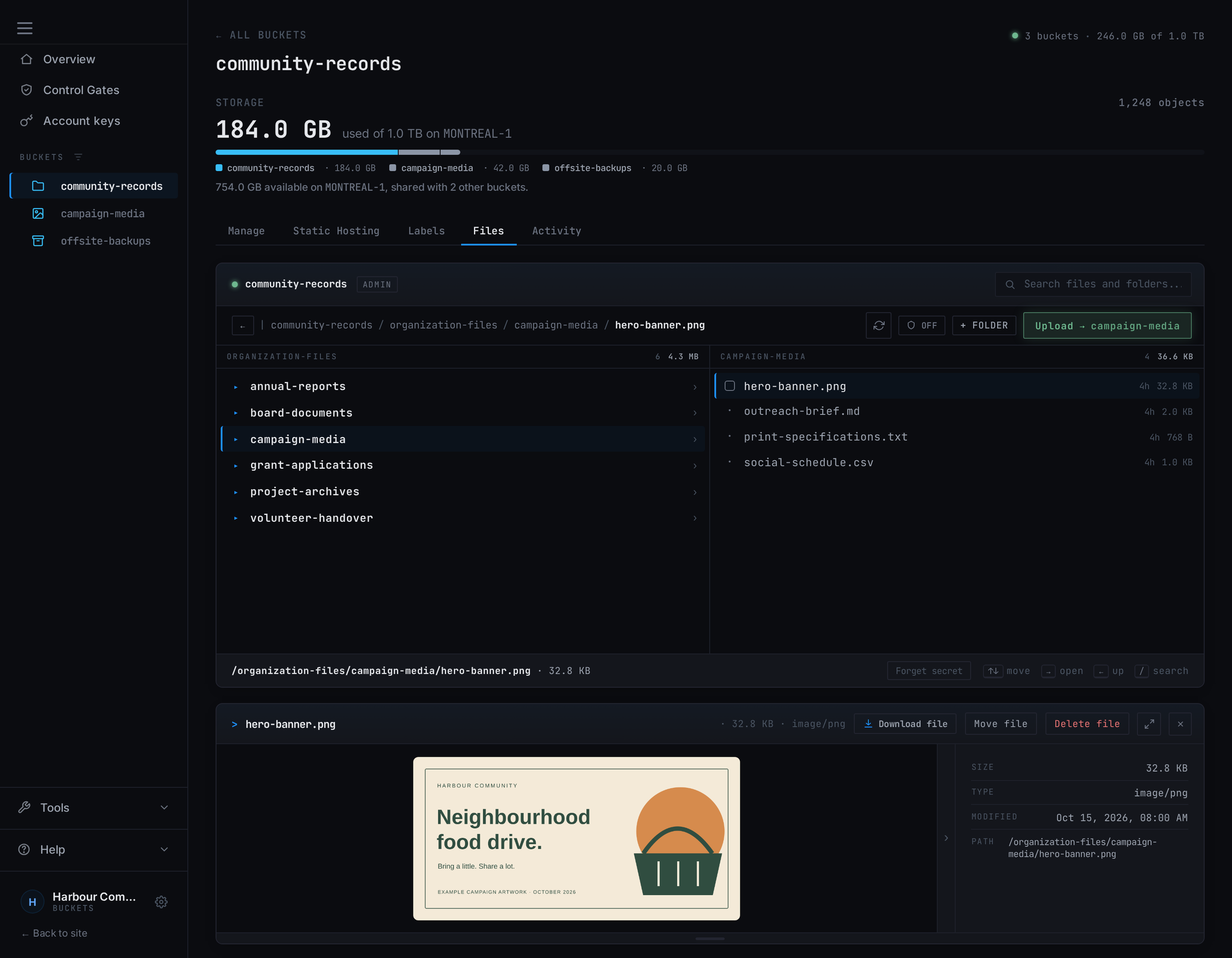 Preview campaign media: Storm Buckets with example data