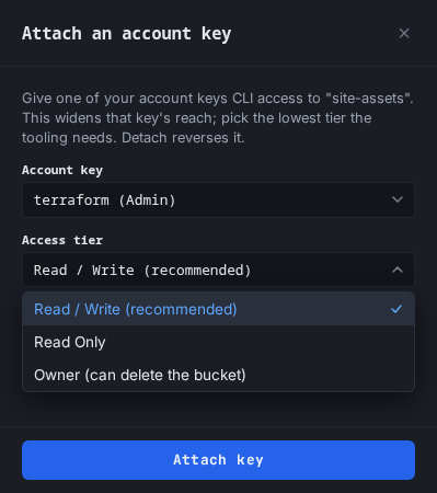 The Attach an account key action on a dashboard bucket, with the tier picker