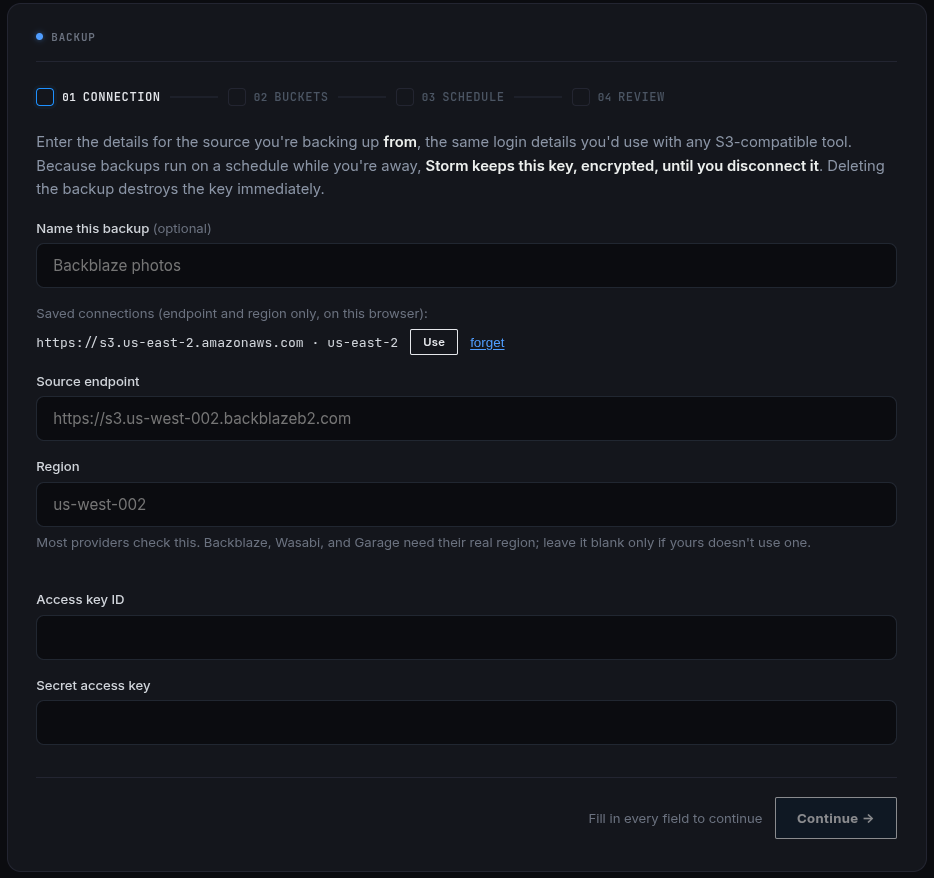 Step 1, Connection: source endpoint, region, and access key fields, with the stored-key disclosure visible