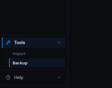 The Backup entry point: Tools > Backup in the dashboard sidebar, with the tool open on its management view