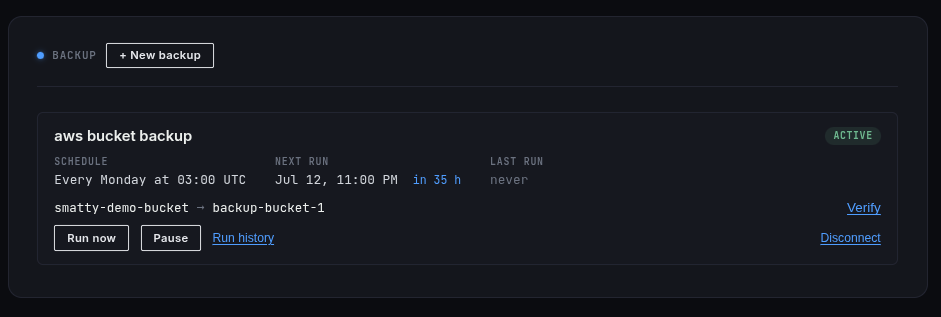 The management view: an active setup card with schedule, next run, last run, and its actions