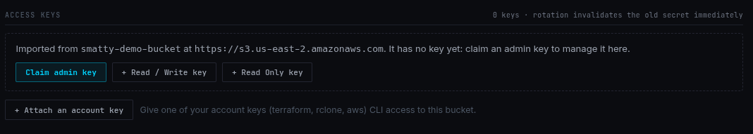 The Claim admin action on an account-key bucket, password-gated