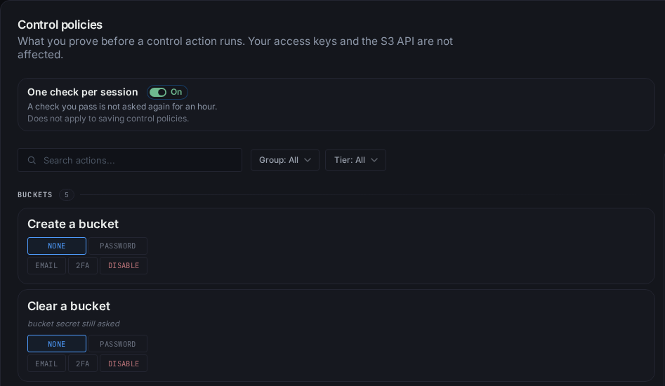 The Control policies board: the One check per session switch, the search with Group and Tier filters, and the first rows under Buckets