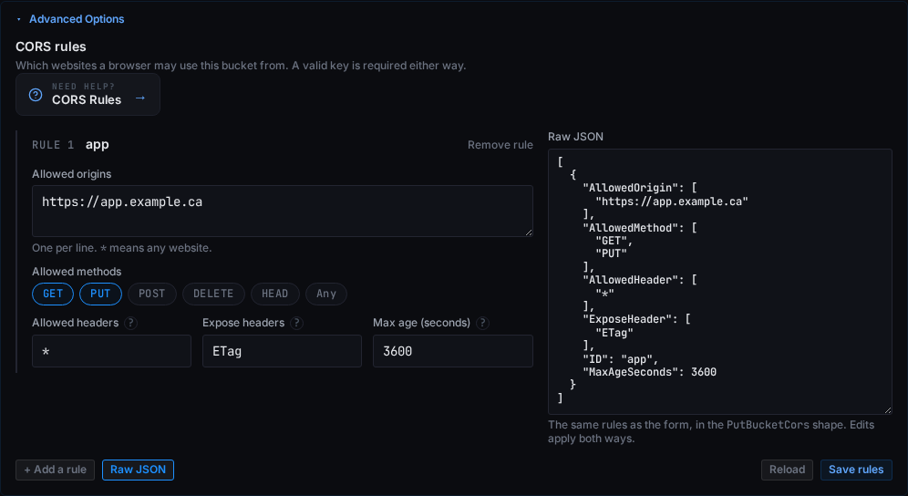 The Raw JSON pane open beside the form, showing the same rule as JSON