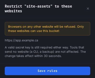 The restrict confirm, naming the one website that will still get through and reminding that a key is still required
