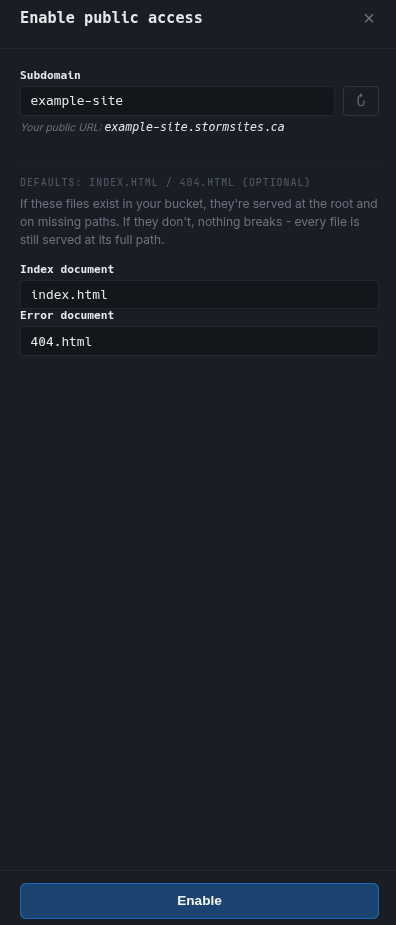 The Enable static hosting dialog, showing the subdomain field, the live public URL, and the index and error document fields
