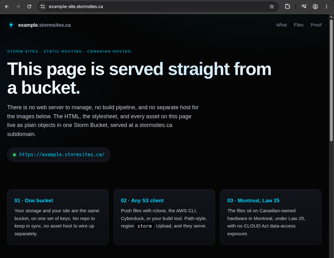 The Storm Sites example site served straight from a bucket at a stormsites.ca subdomain, with no web server or build pipeline behind it