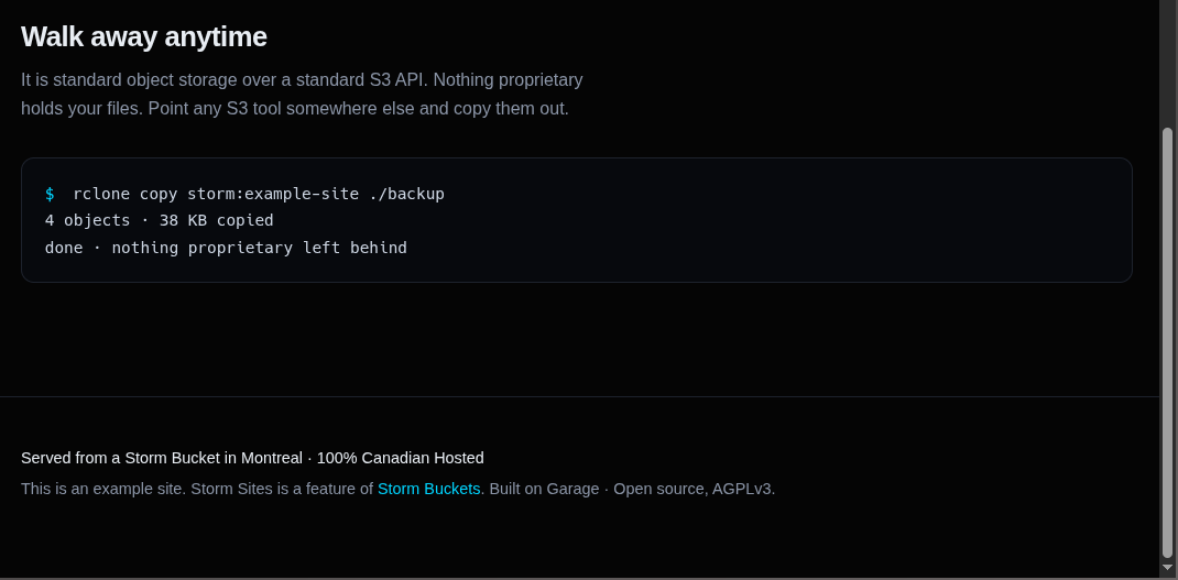 The example site's footer: an rclone copy pulling every object out, and a Served from a Storm Bucket in Montreal, 100% Canadian Hosted line