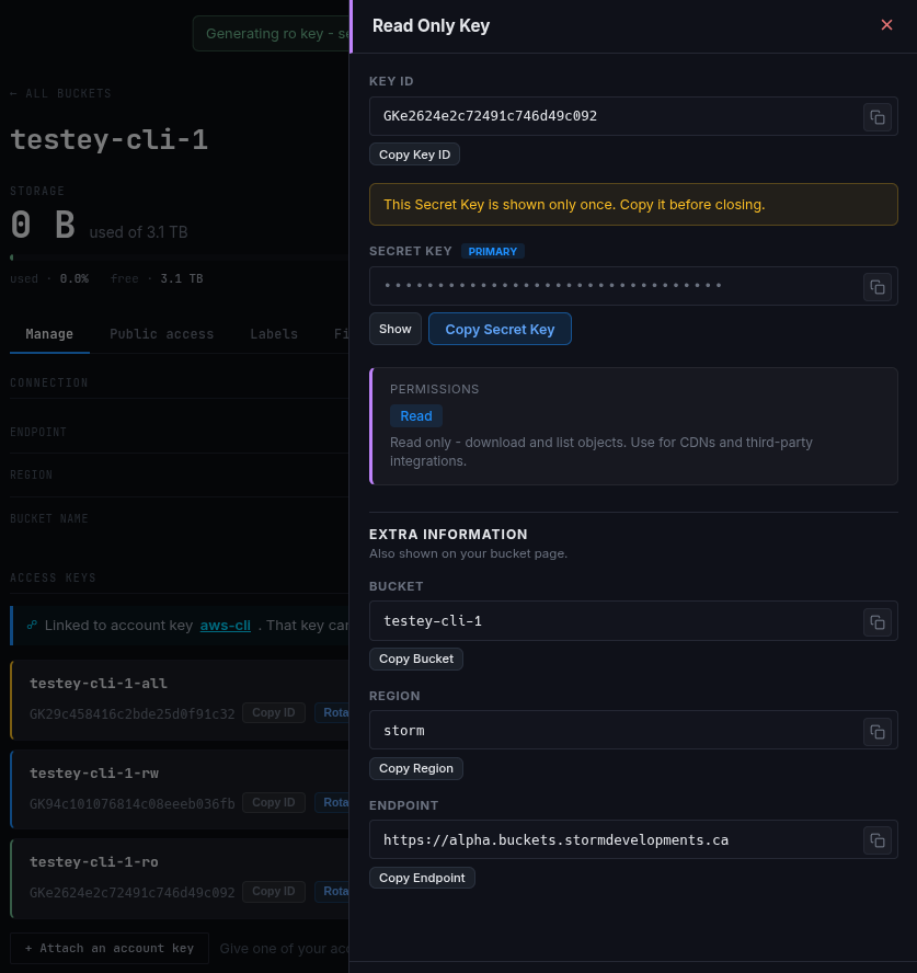 Generating a scoped key, with the new secret revealed once and a copy button