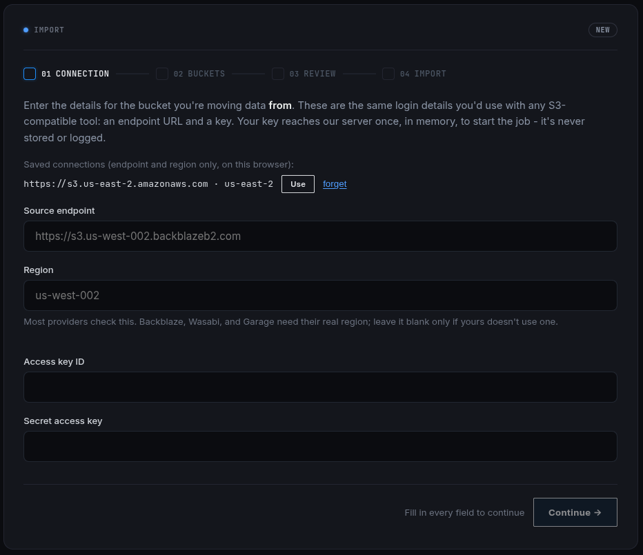 Step 1, Connection: source endpoint, region, and access key fields, with the key-custody note visible