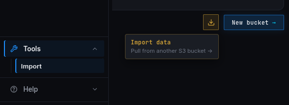 The two Import entry points: Tools > Import in the sidebar, and the Import shortcut next to New bucket on the overview