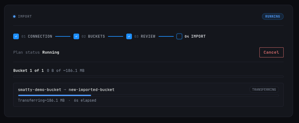 Step 4, Import: a transfer mid-flight showing bytes moved, objects moved, transfer rate, and ETA