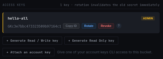 Preview of Default Access Key on a new bucket