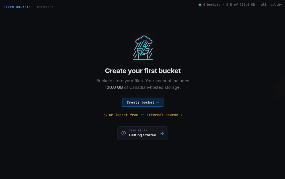 Overview empty state showing the pool size and a Create your first bucket button