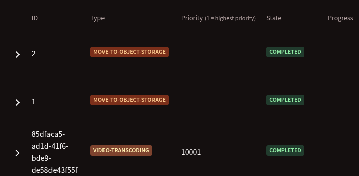 PeerTube Jobs list showing the move-to-object-storage jobs completed